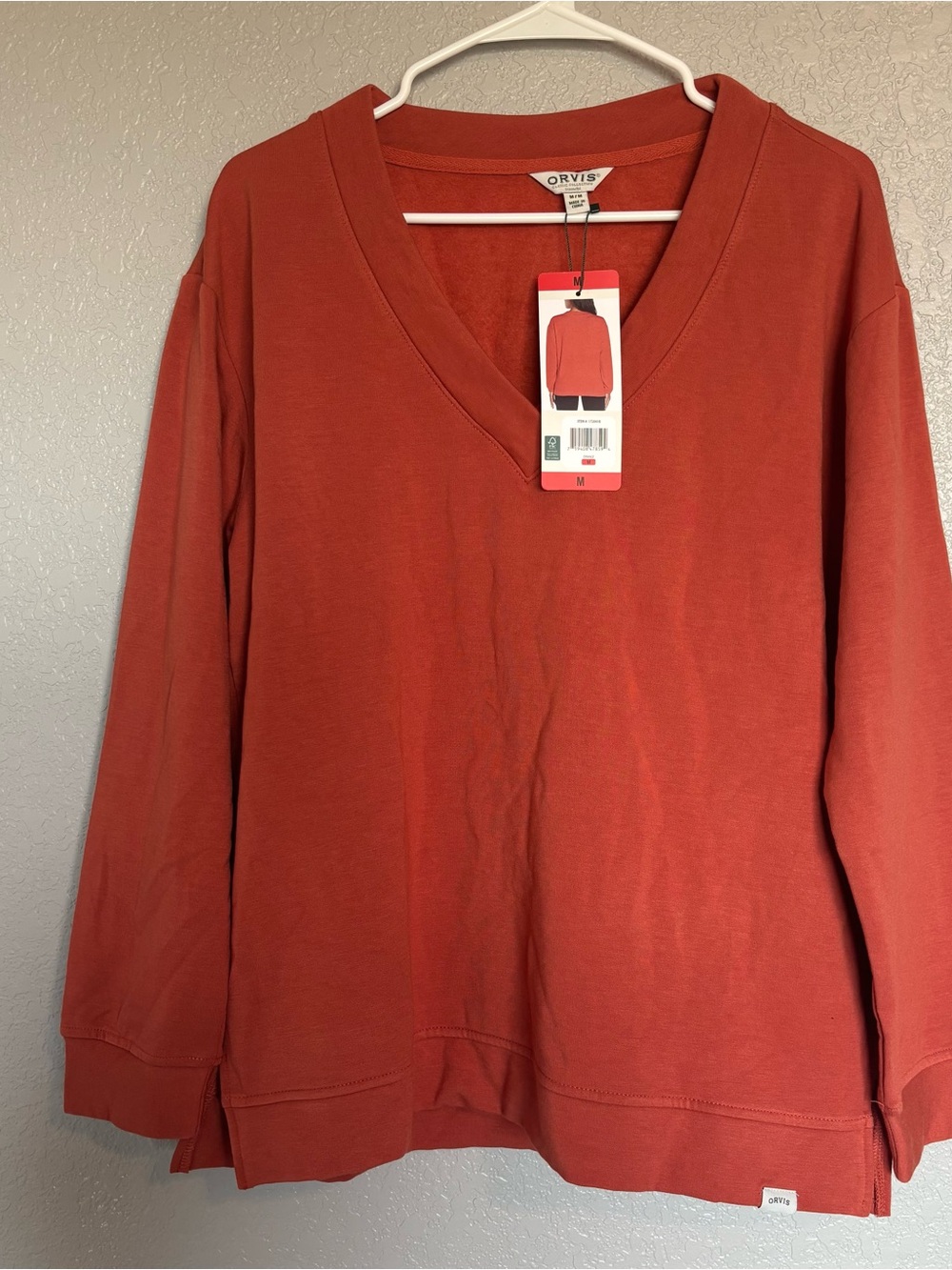 Orvis Womens V-Neck Sweatshirt Terracotta Orange Long Sleeve Pullover Size M NWT